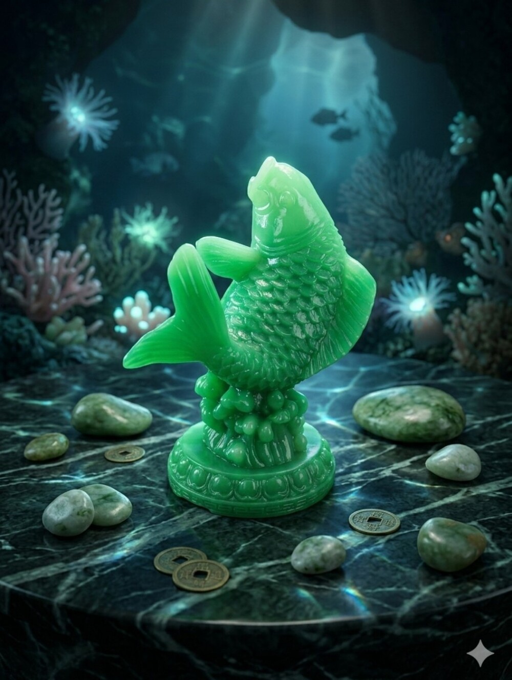 🛍Resin Green Koi Fish Centerpiece Feng Shui 6" Tall Decorative Figurine